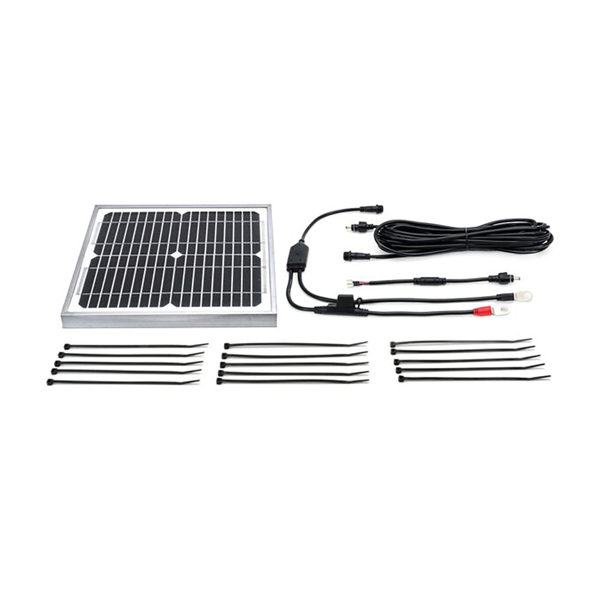 Solar panel kit with cables and connectors on a white background