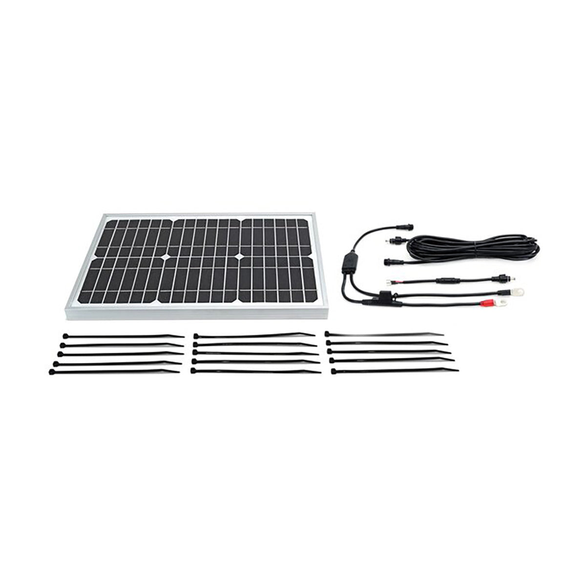 Solar panel kit with cables and mounting hardware on a white background