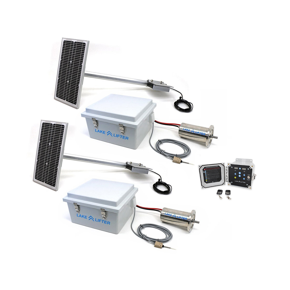 Solar panel system with batteries and controllers on a white background
