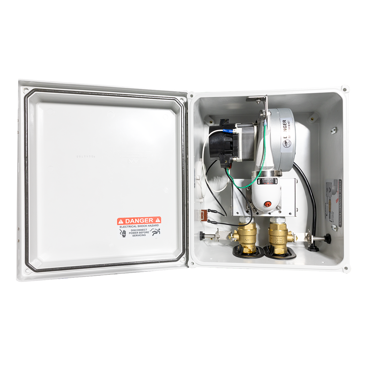 Mechanical system with a motor and valves inside a metallic enclosure on a white background