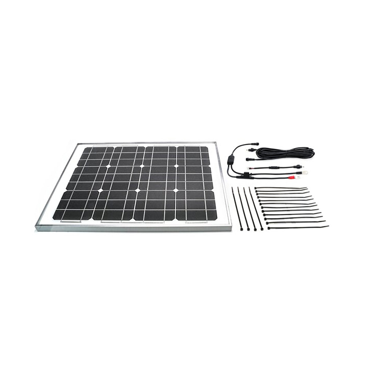 Solar panel with cables and connectors on a white background
