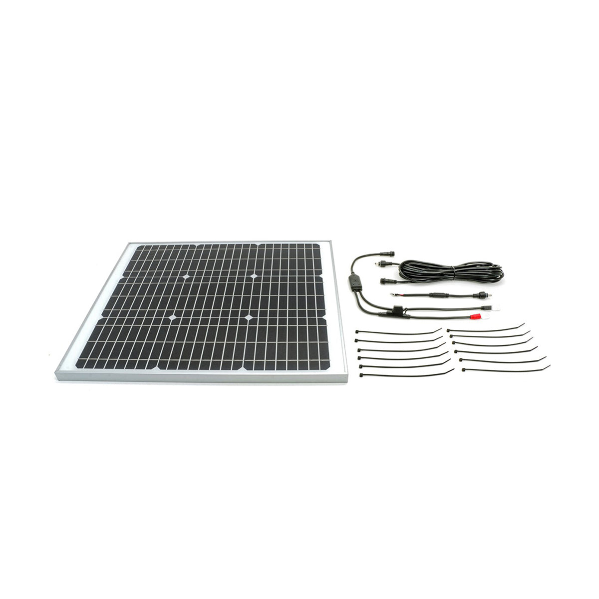 Solar panel with wiring harness on a white background