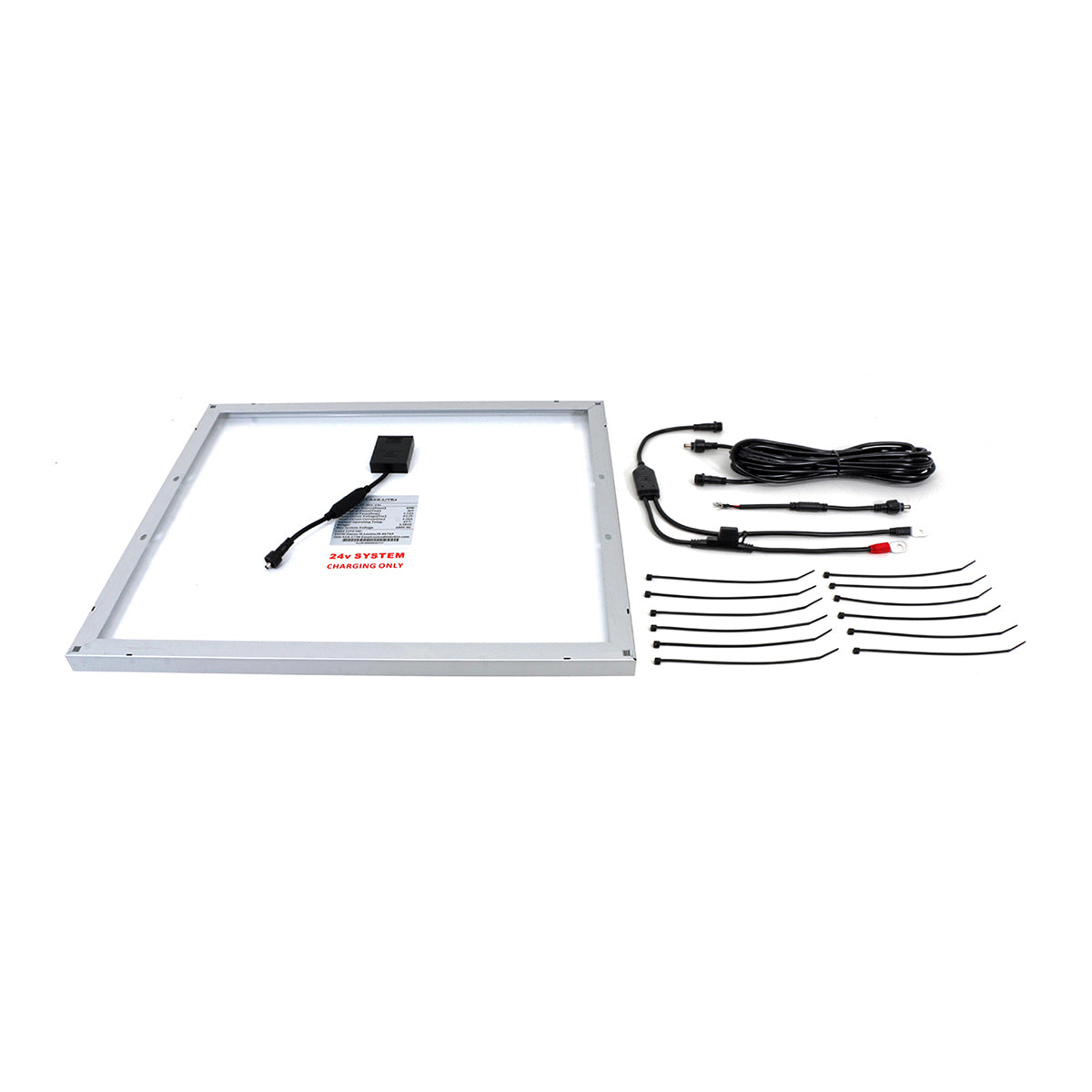 Solar panel kit with cables and connectors on a white background