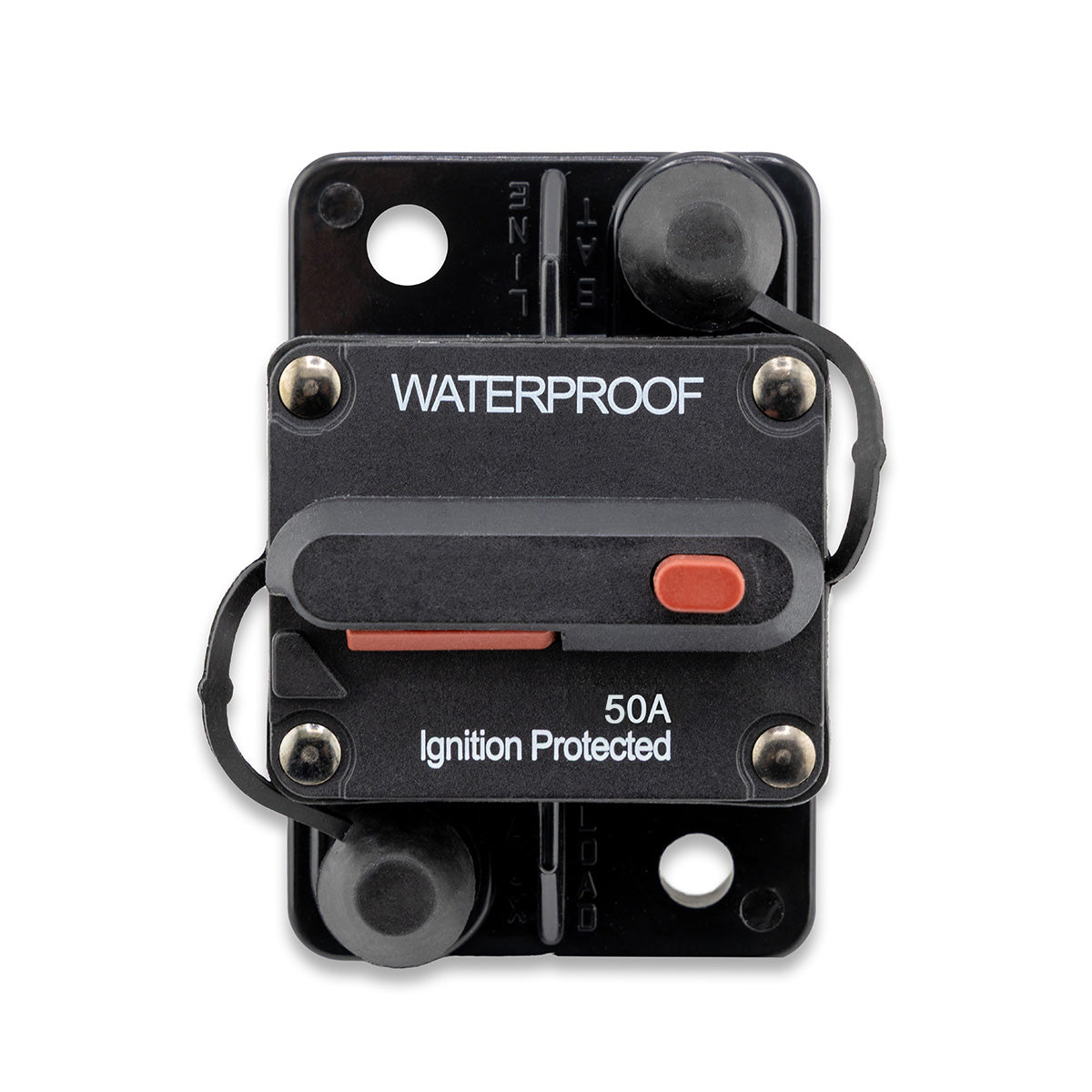 Black circuit breaker with 'Waterproof' and '50A Ignition Protected' text on a white background