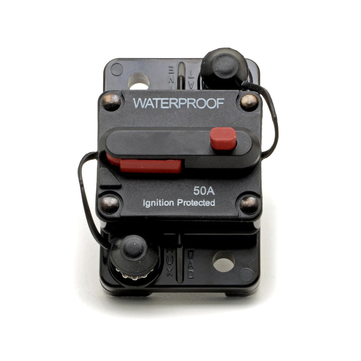 Black circuit breaker with red buttons on a white background