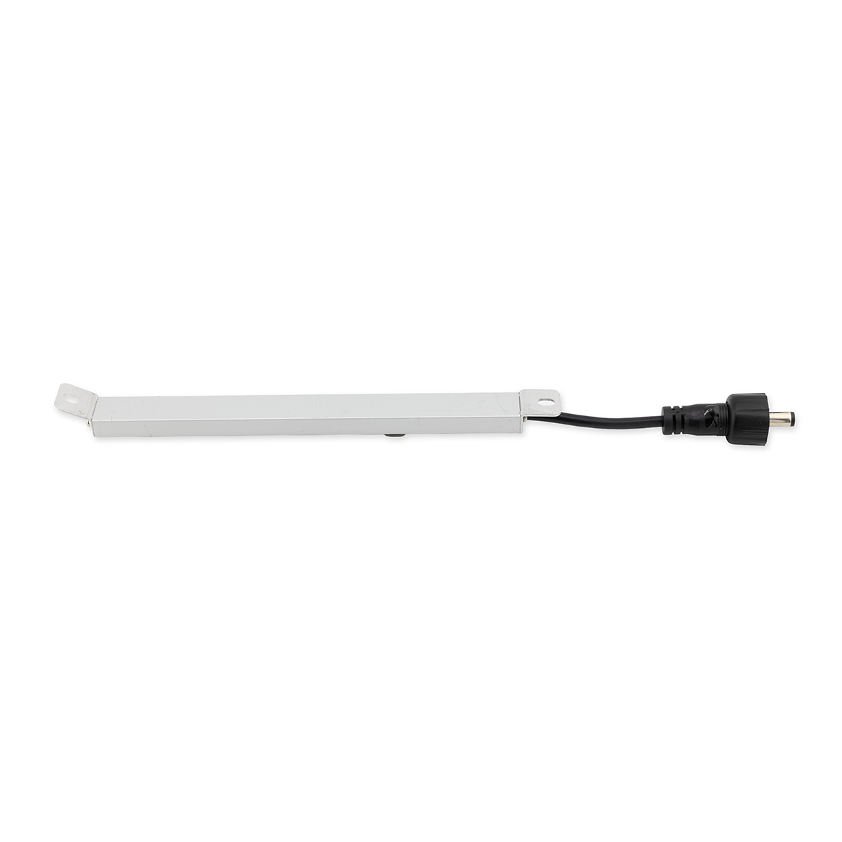 White electronic component with a black cable on a white background