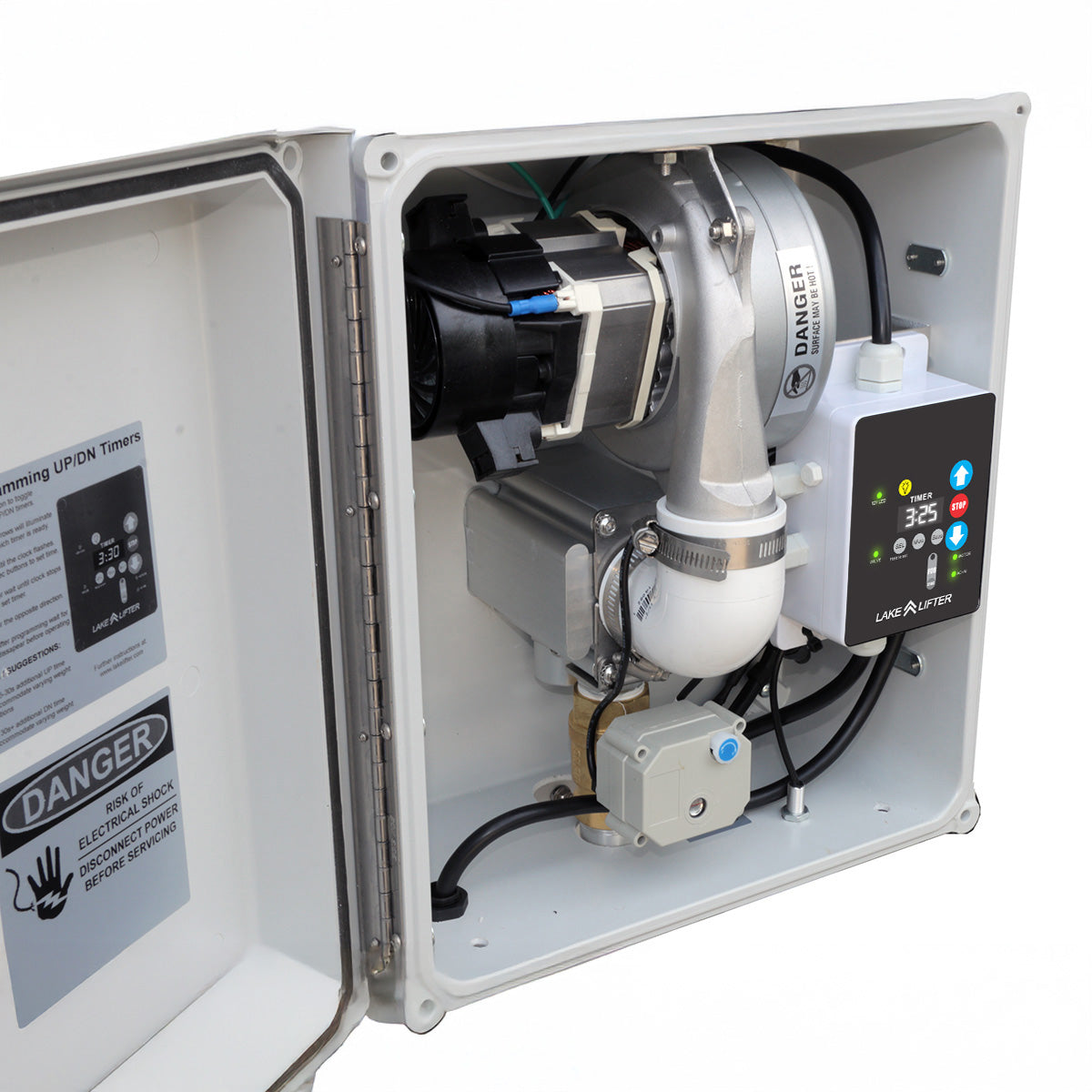 Lake Lifter boat lift system with control cable and remote on a white background