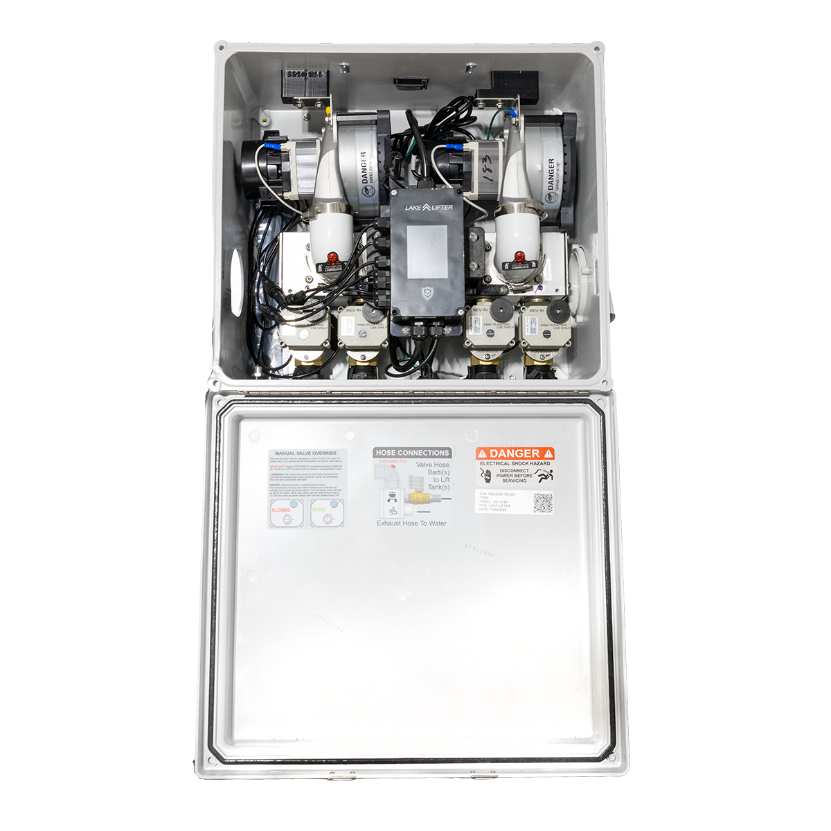 Electrical panel with various components and labels on a white background