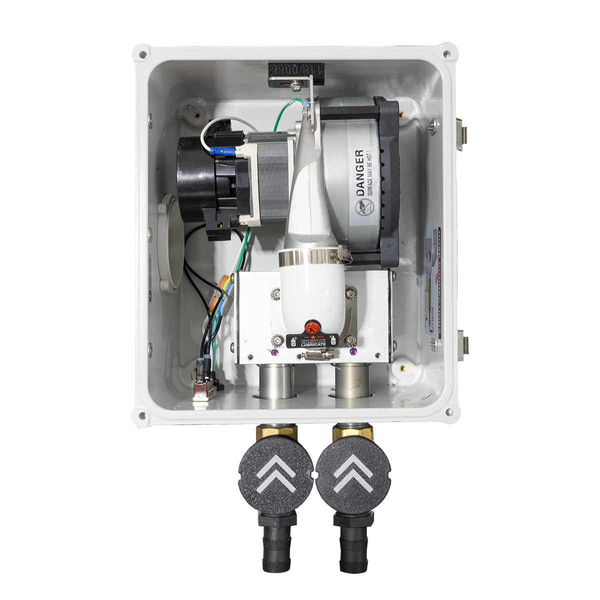 Mechanical device with components and connectors on a white background