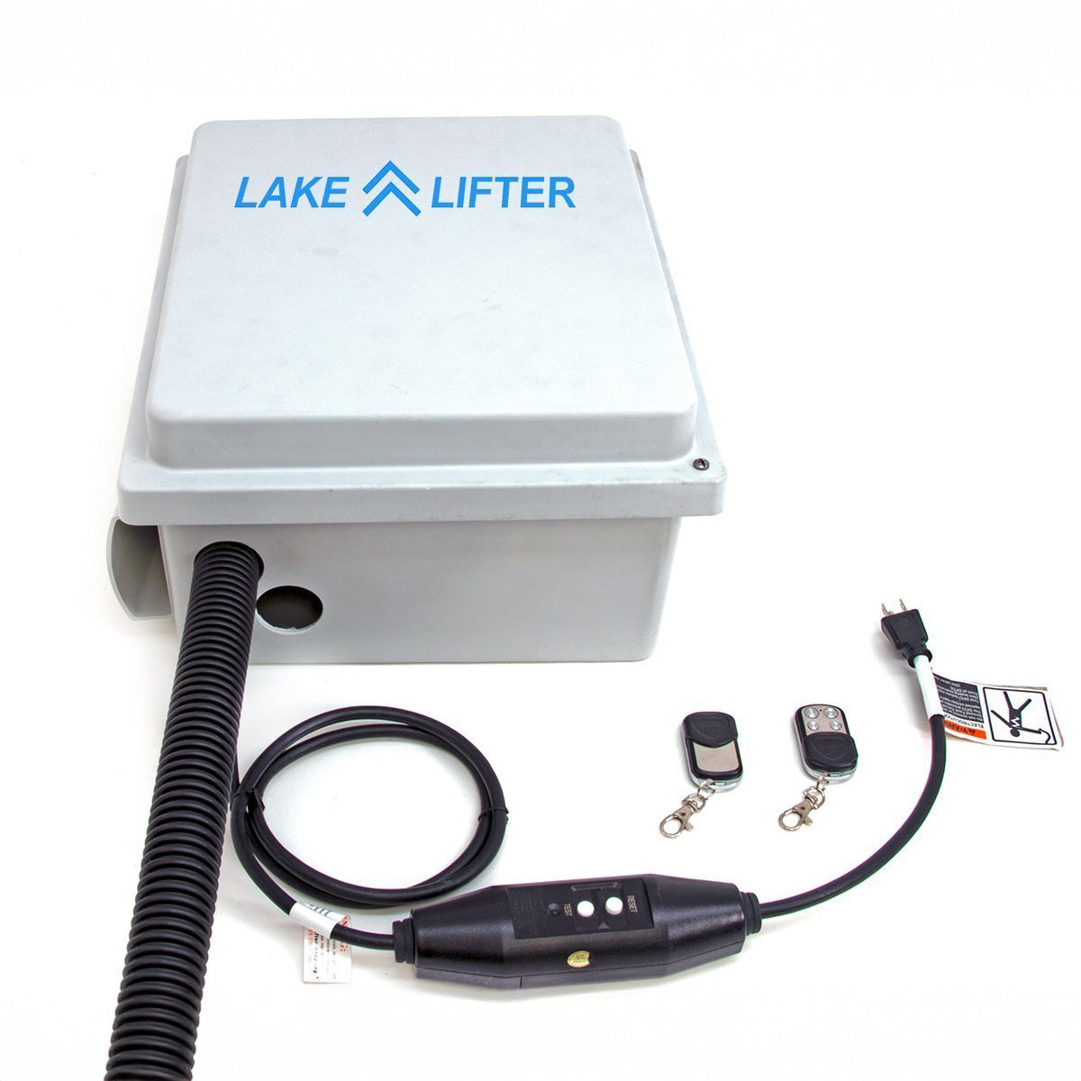 Lake Lifter boat lift system with control cable and remote on a white background