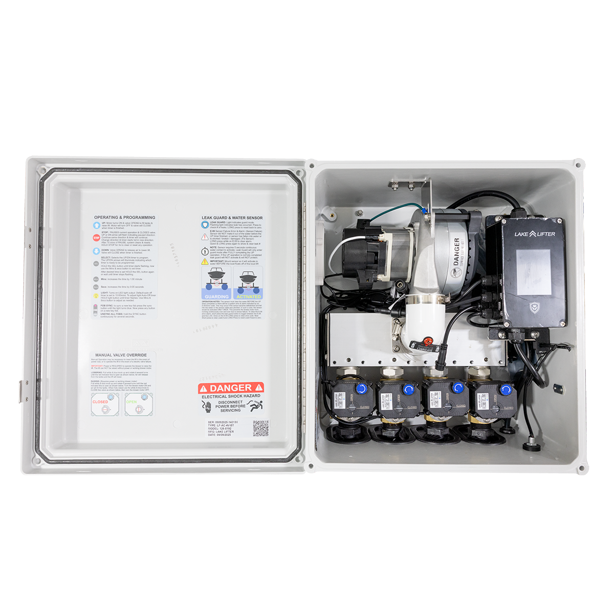 Electrical control panel with wiring and components on a white background