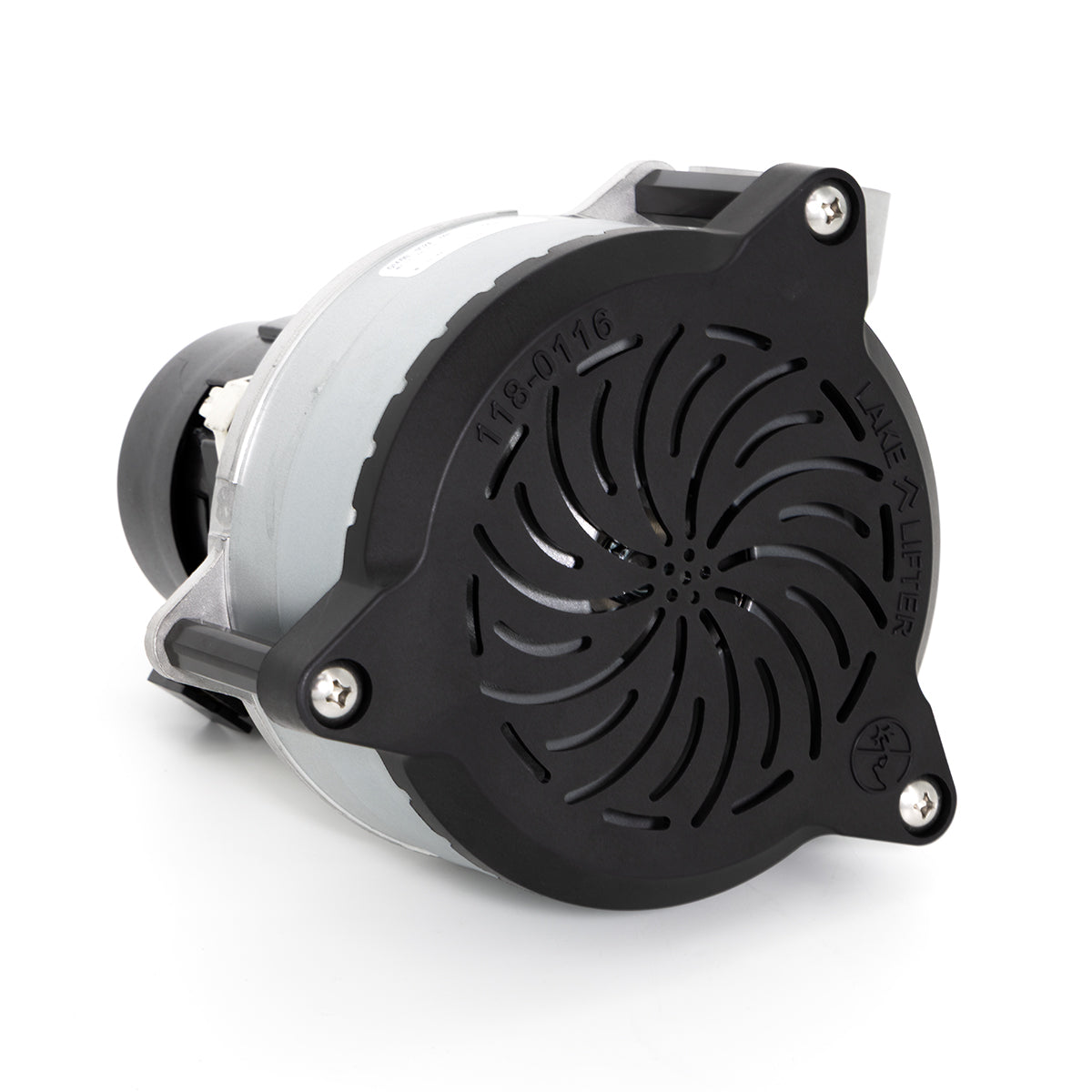 Black and gray mechanical component on a white background