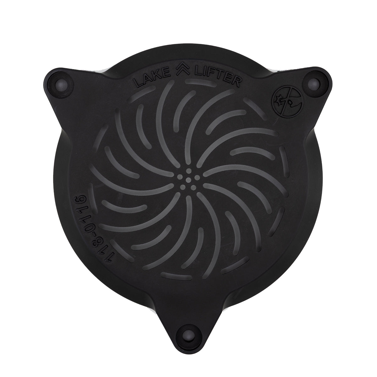 Black rubber duck with 'Lake Lifter' branding on a white background