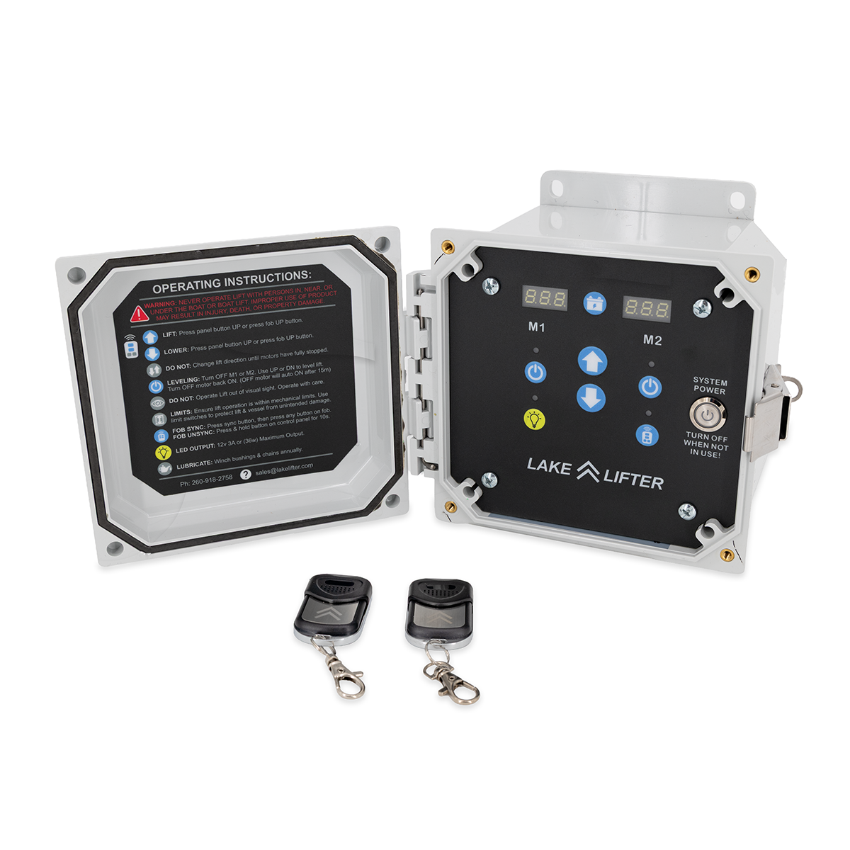 Control panel with remote controls on a white background, featuring 'Lake Lifter' branding.