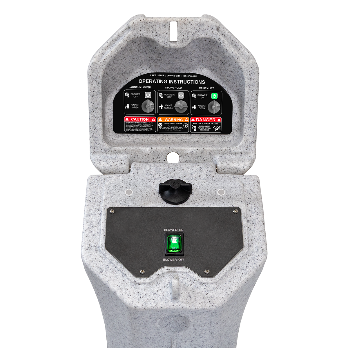 Lake Lifter electronic control panel in a pedestal on a white background
