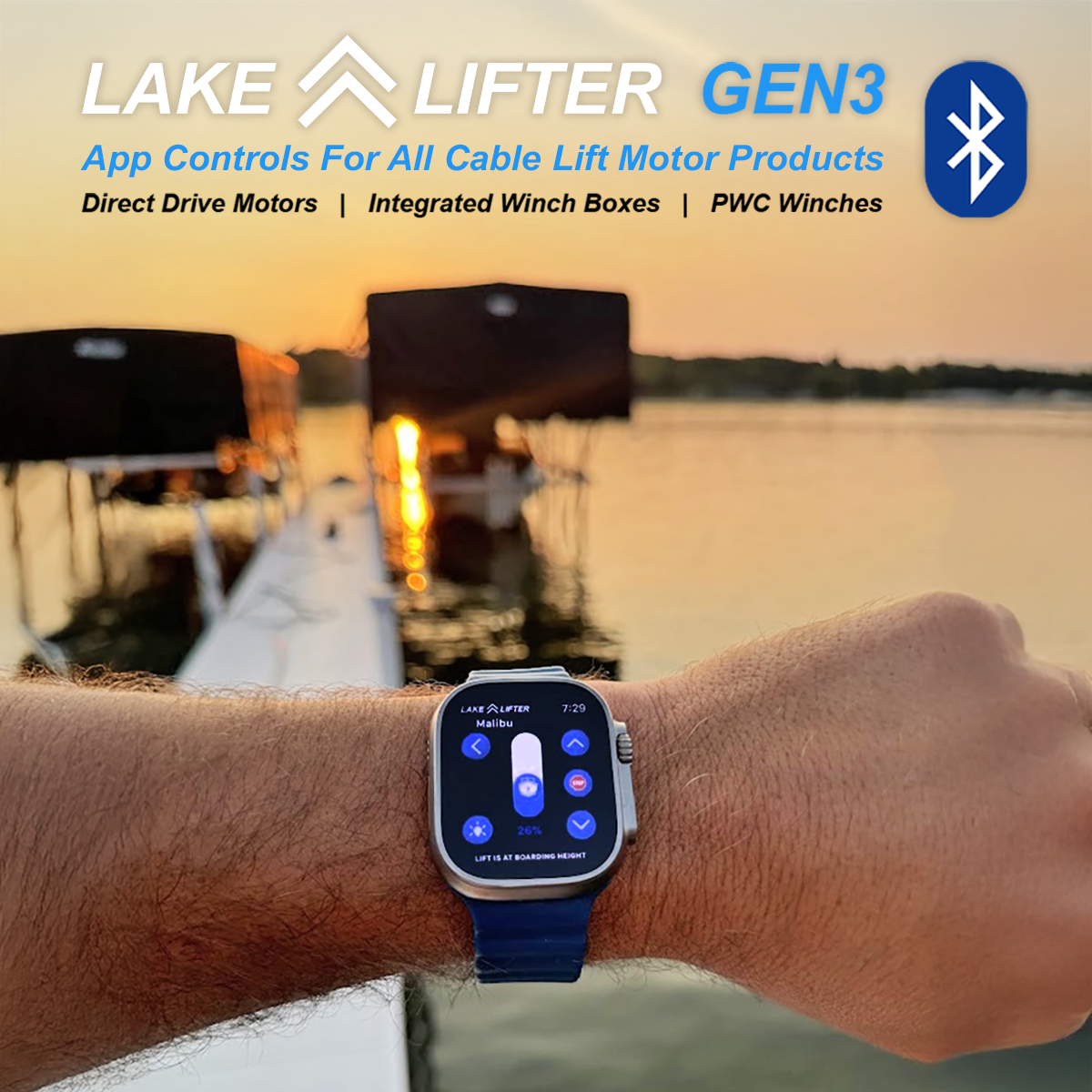 Smartwatch on a wrist with Lake Lifter Gen3 branding over a sunset marina background