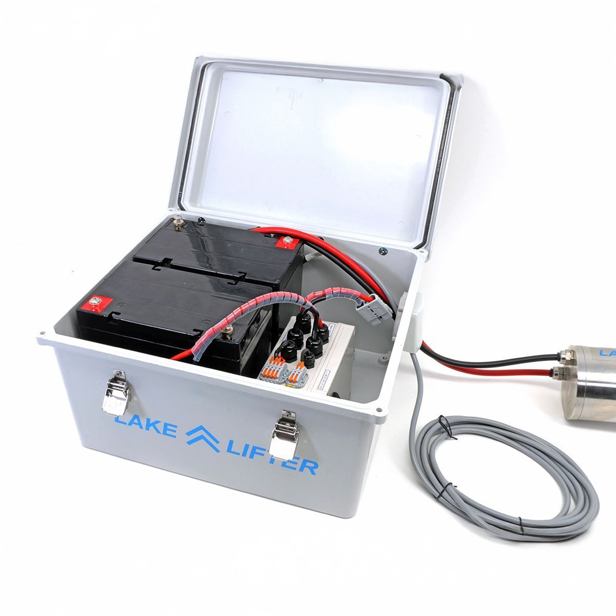 Lake Lifter battery box with cables on a white background