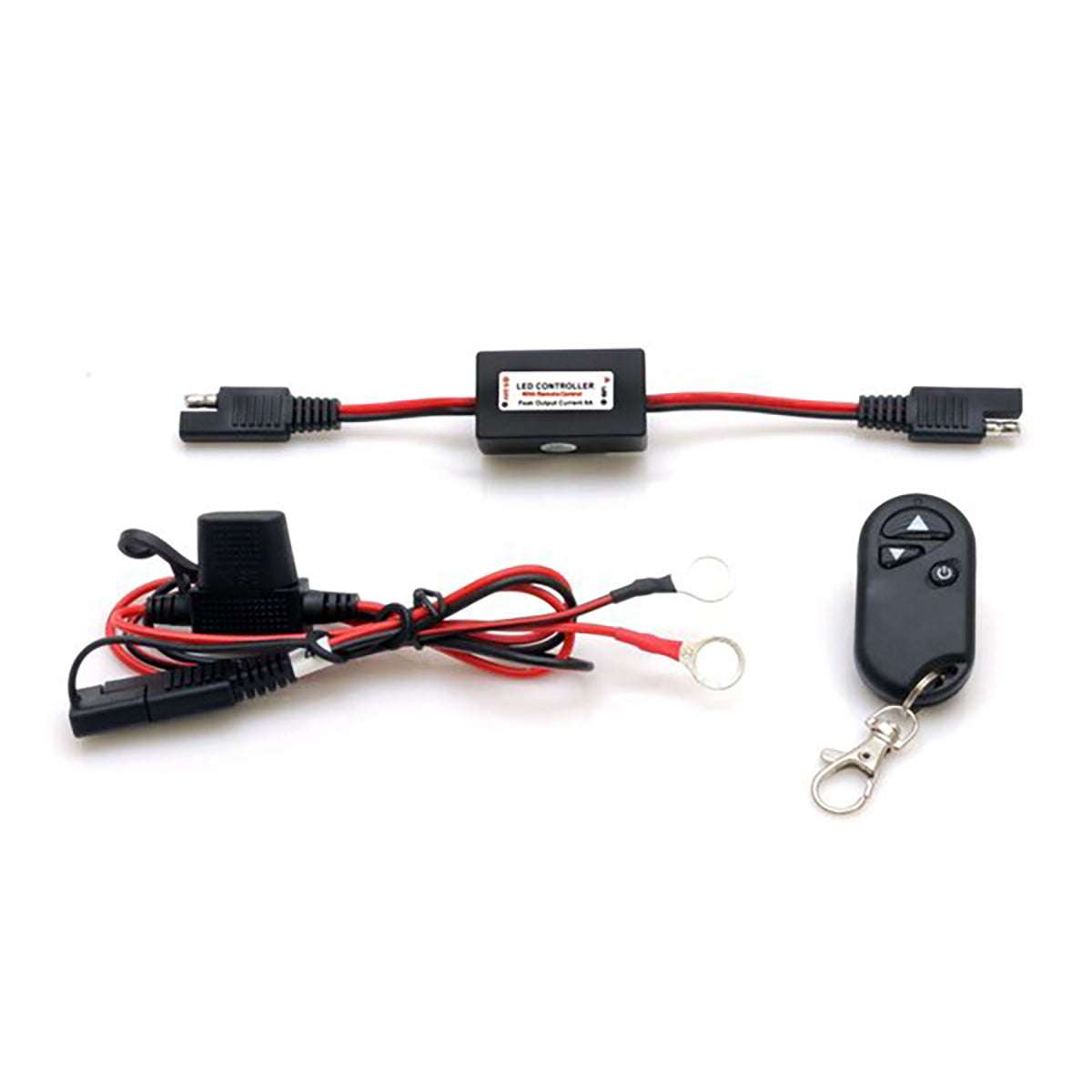 Car LED controller with wiring and remote control on a white background