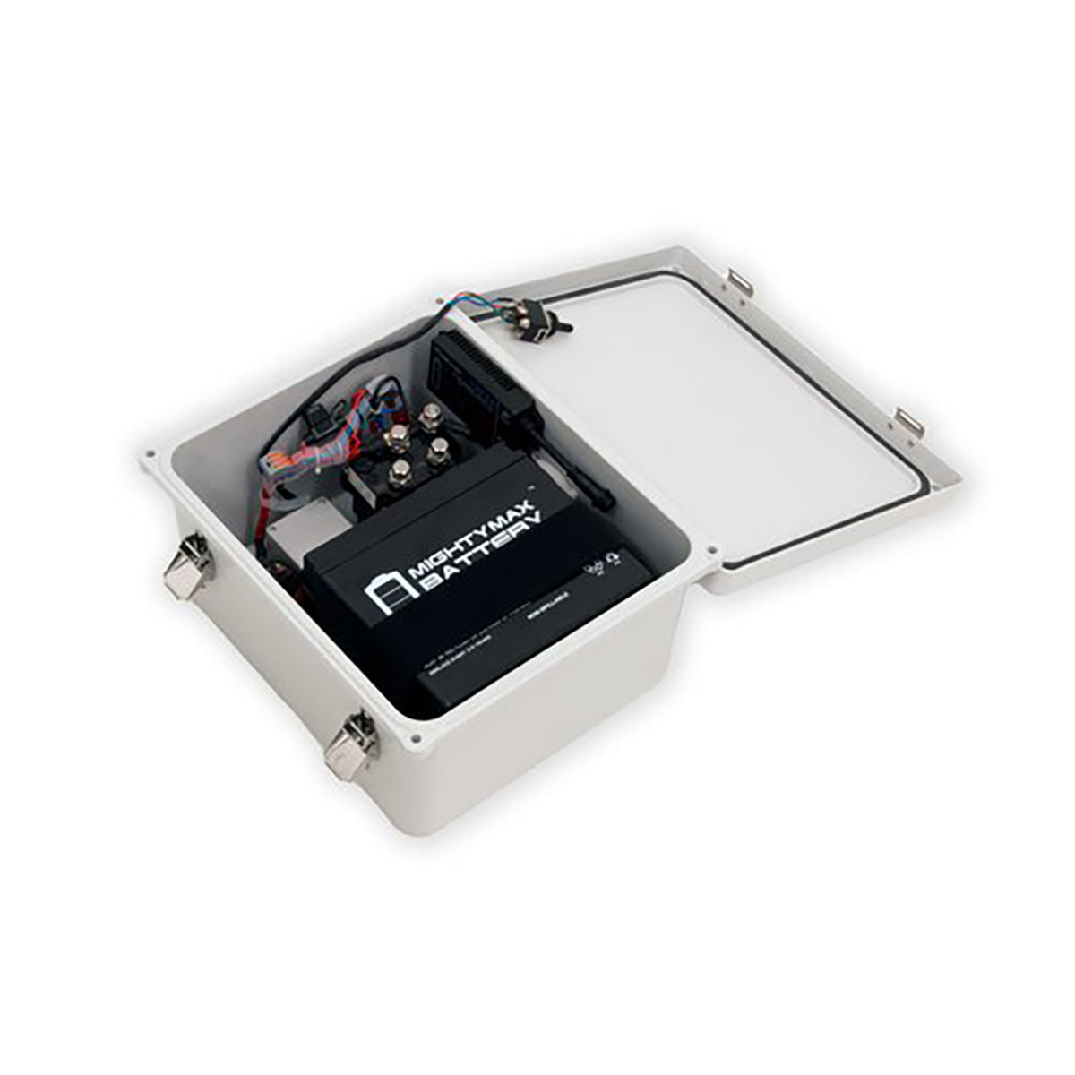 Battery box with a battery labeled 'Holtymax' on a white background
