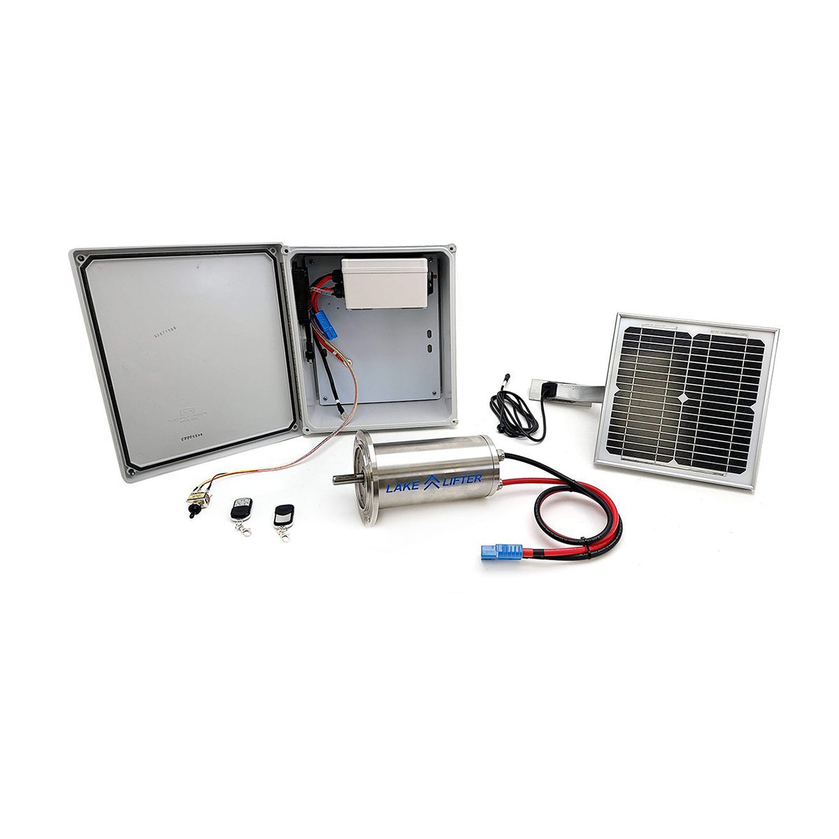 Solar panel system with battery and control box on a white background