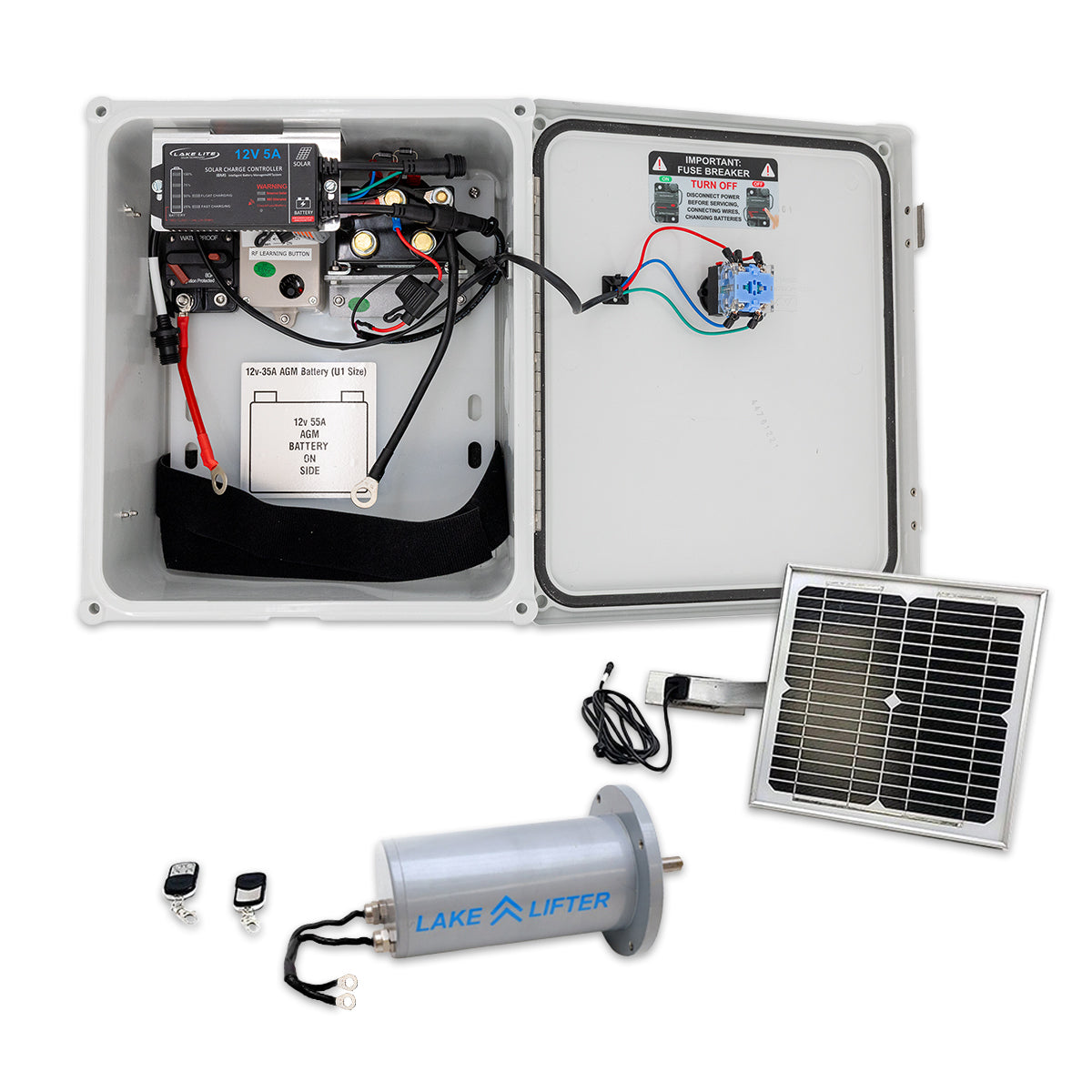 Electrical panel with wiring, solar panel, and 'Lake Lifter' device on a white background