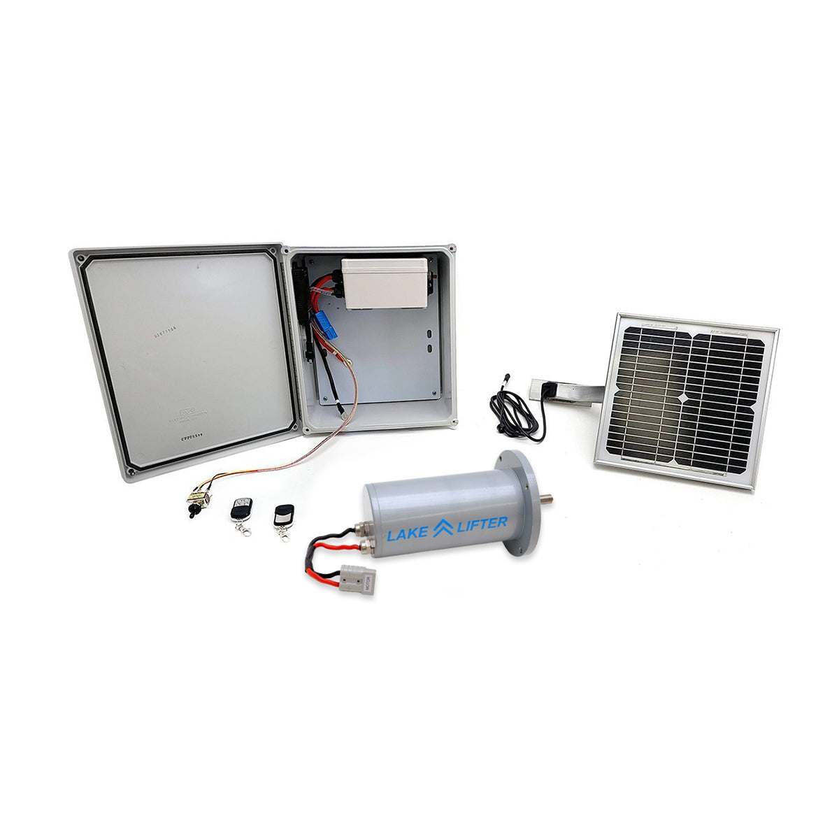 Electrical components including a solar panel and control box on a white background