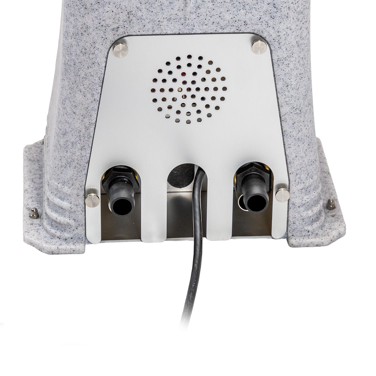 Close-up of a Lake Lifter control station's exhaust with a metallic grill on a white background