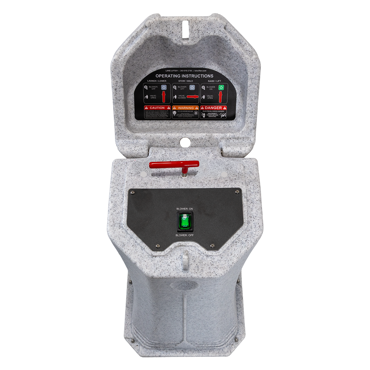 Gray industrial control panel with digital display and buttons on a white background