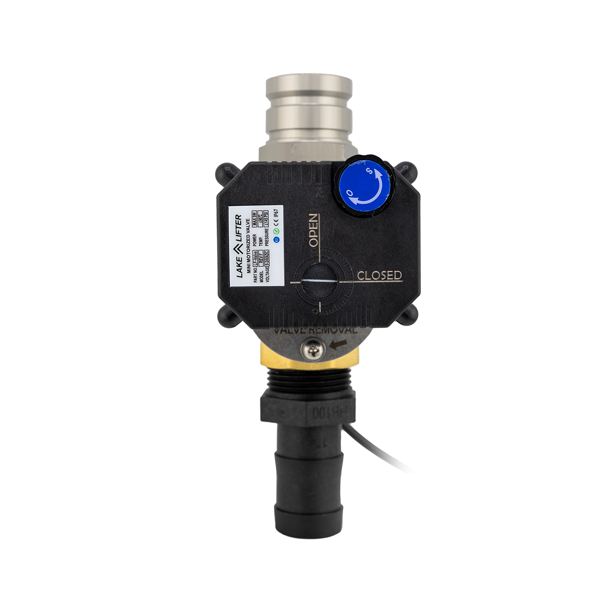 Mechanical valve with black body and blue actuator on a white background