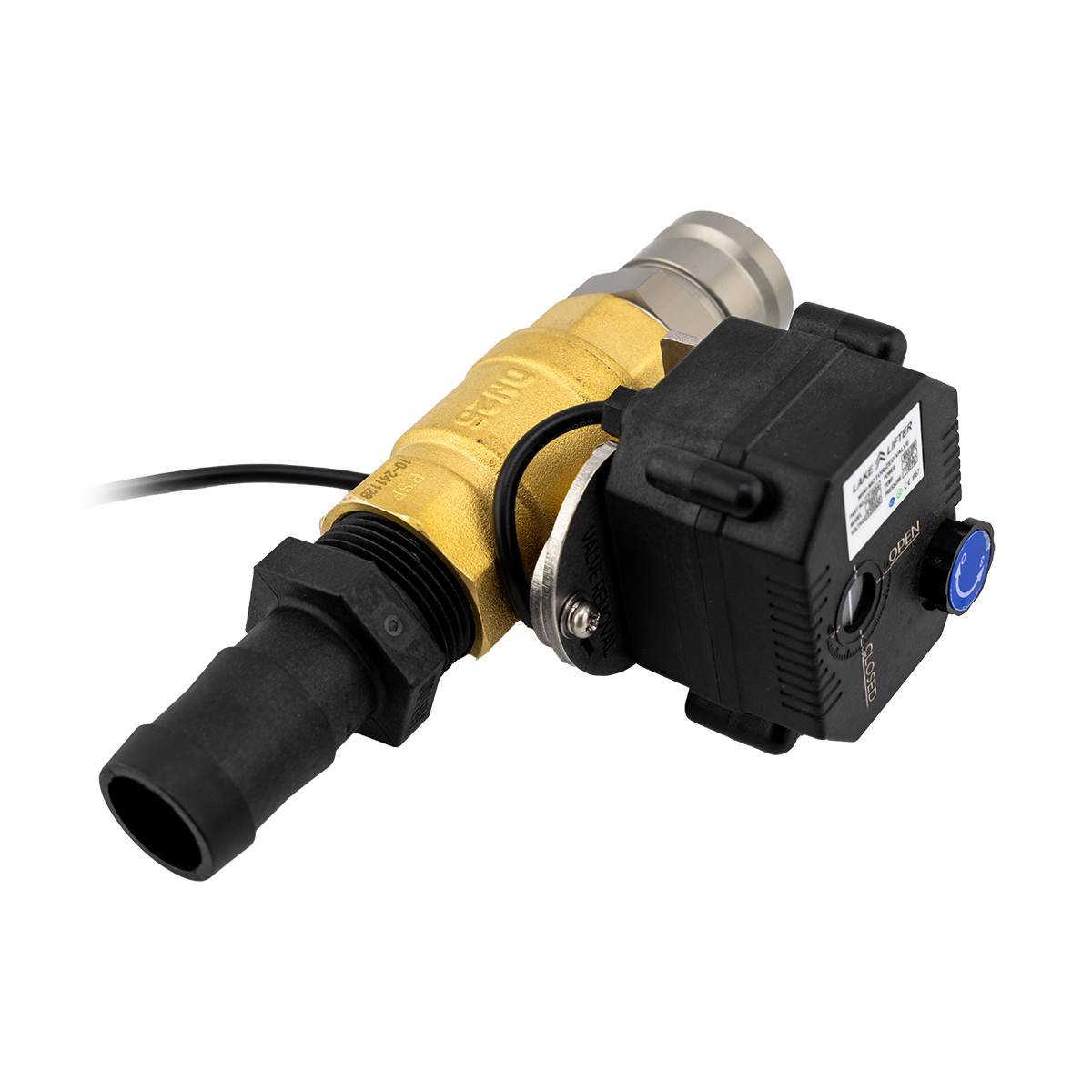 valve with yellow body and black connectors on a white background