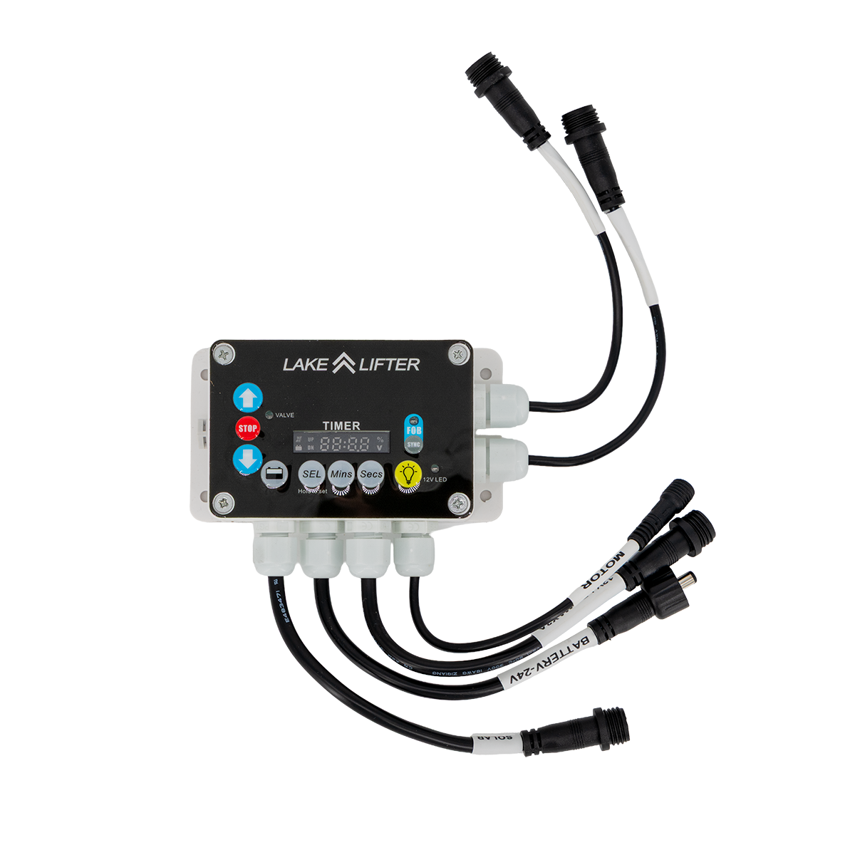 Lake Lifter water system control panel with hoses on a white background