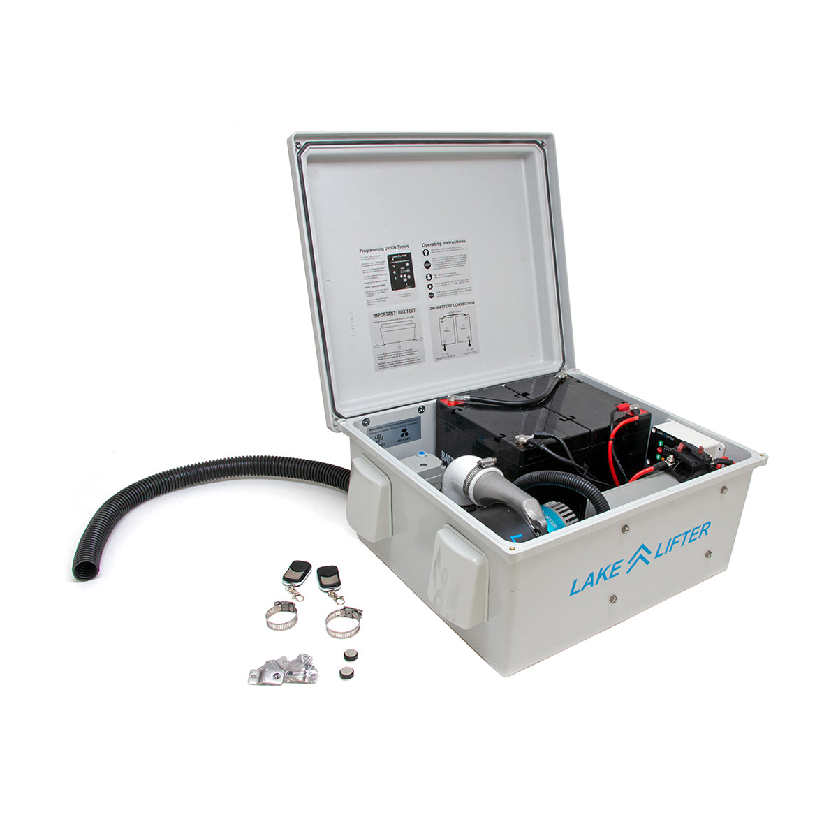 Electrical box with components and accessories on a white background, featuring 'Lake Lifter' branding.
