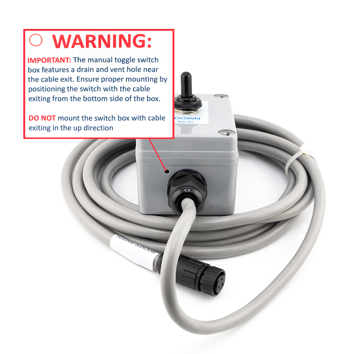 Toggle switch box with cable and warning label on a white background