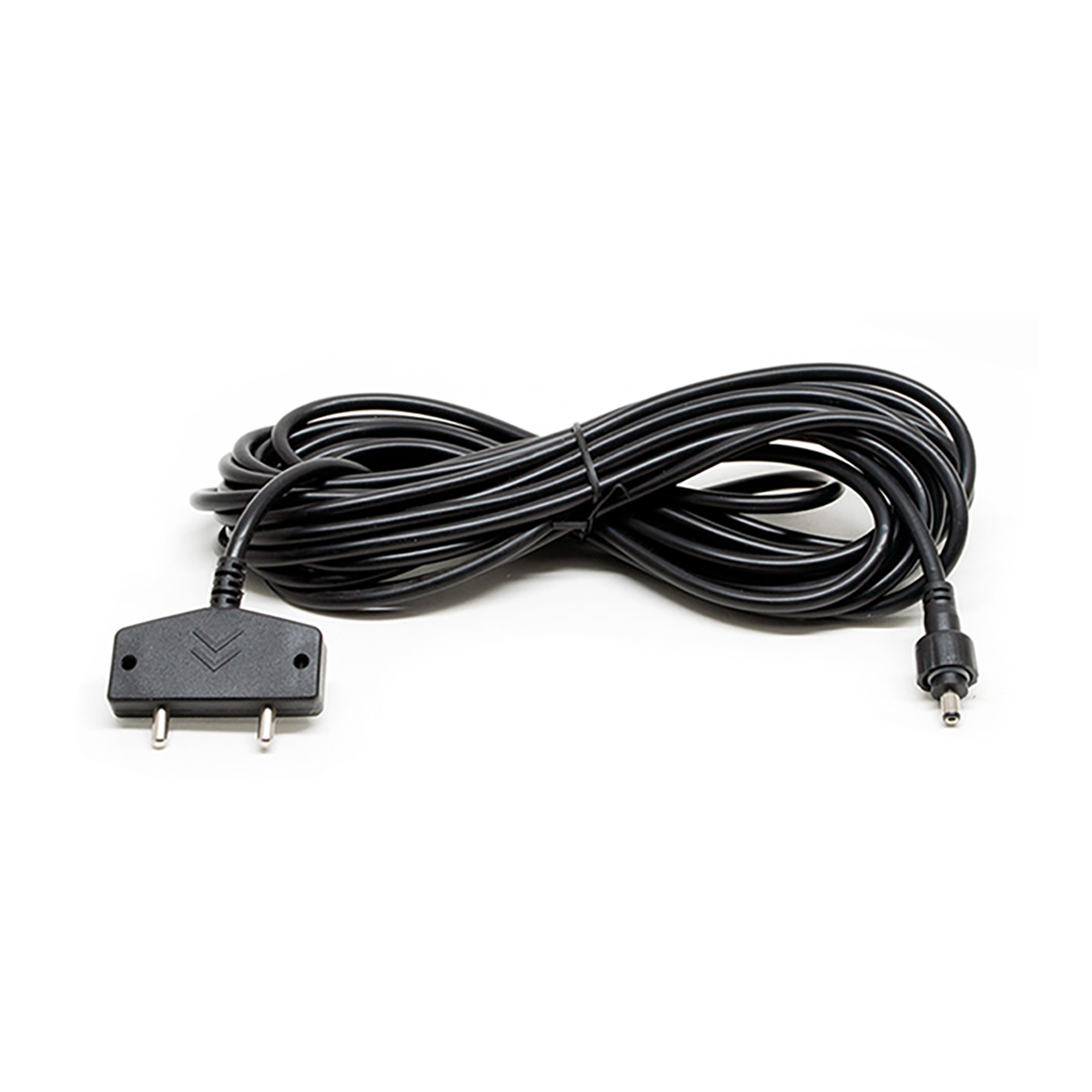 Coiled black cable with connectors on a white background