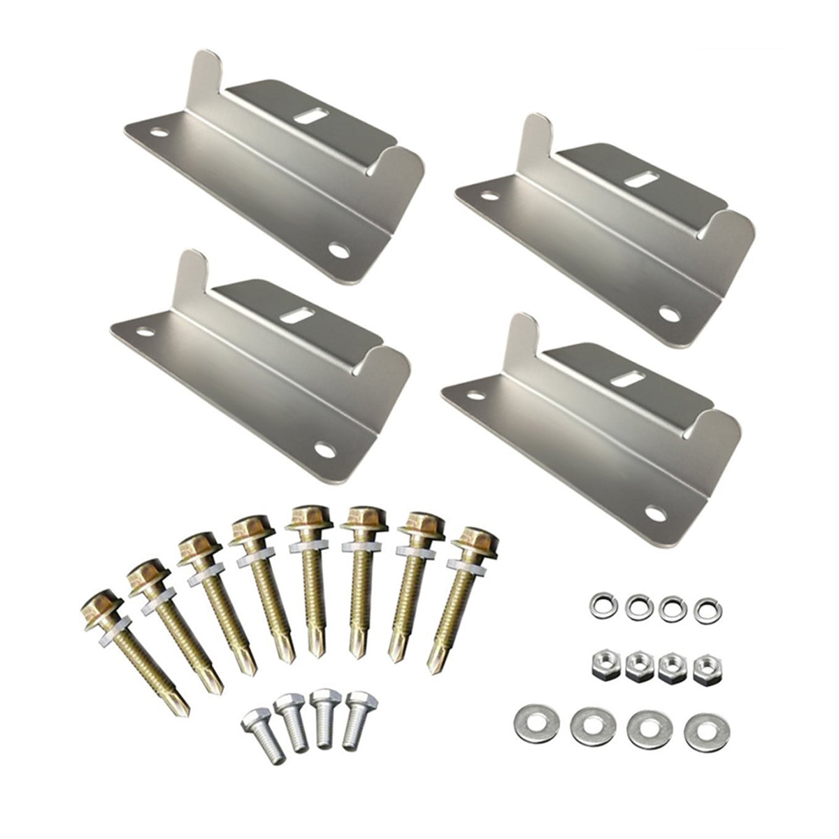 Metal brackets and screws on a white background