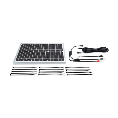 Solar panel kit with cables and mounting hardware on a white background