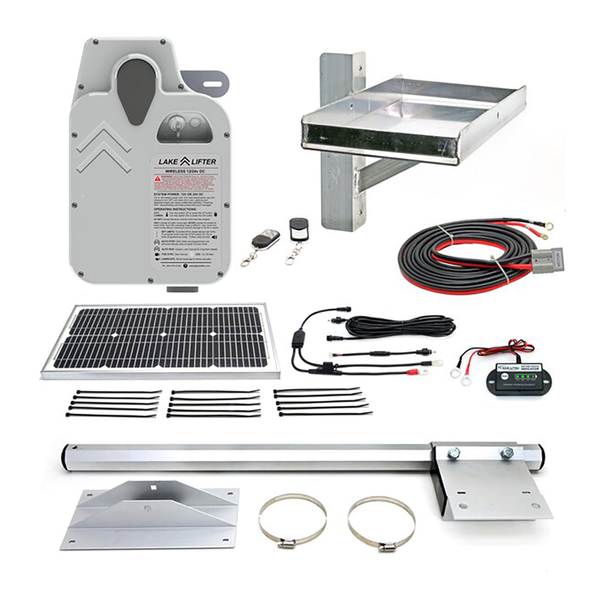 Collection of Lake Lifter components including solar panel, wiring, and metal brackets on a white background.
