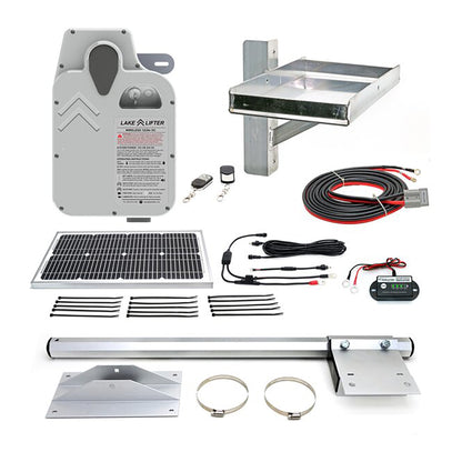 Collection of Lake Lifter components including solar panel, wiring, and metal brackets on a white background.