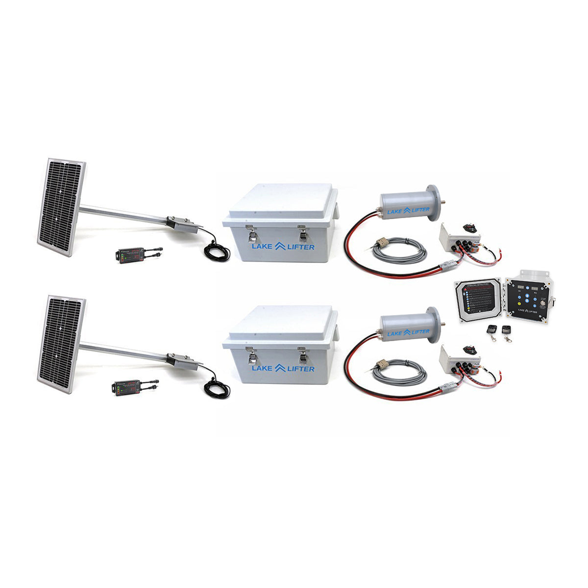 Collection of Lake Lifter products including solar panels, boxes, and electronic components on a white background