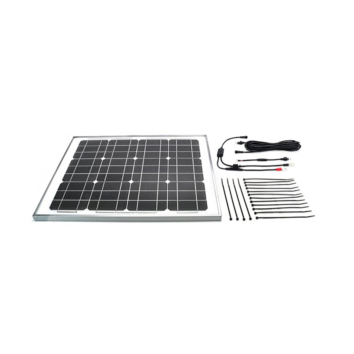 Solar panel with cables and connectors on a white background
