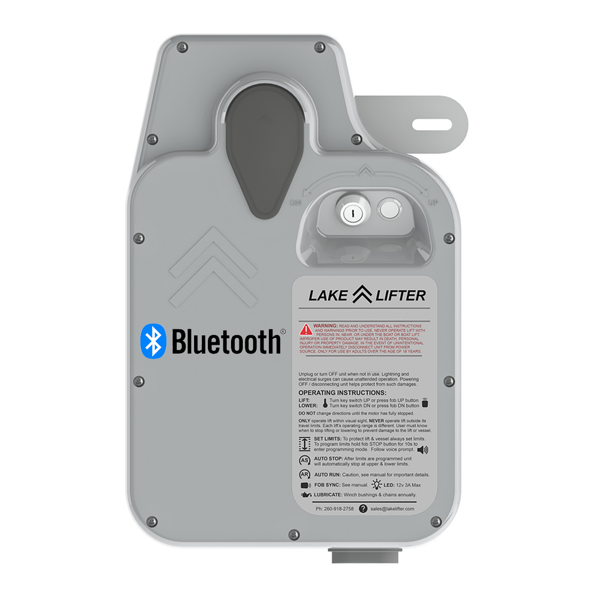 Gray electronic device with Bluetooth logo and 'Lake Lifter' branding on a white background