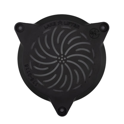 Black rubber duck with 'Lake Lifter' branding on a white background