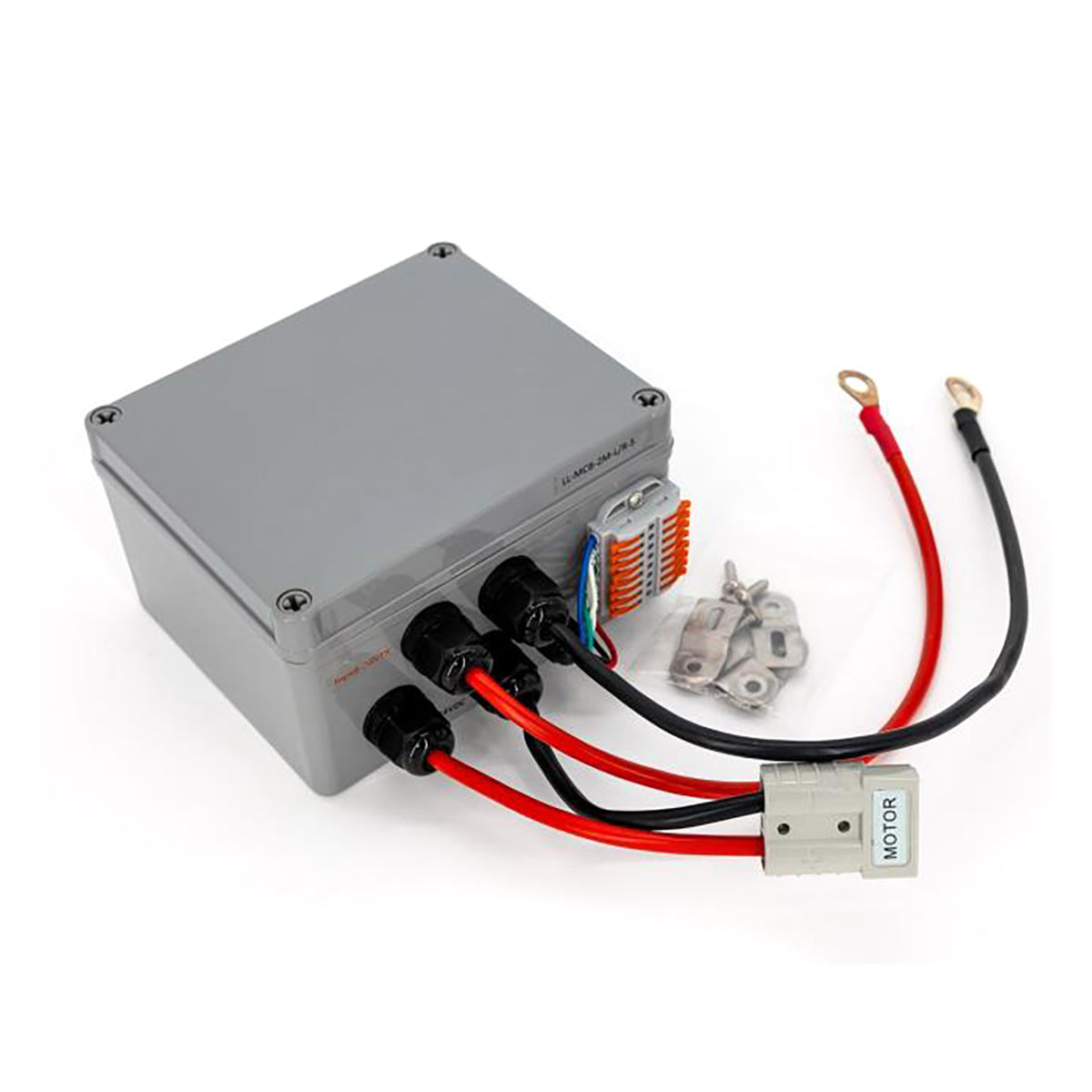 Electrical box with wiring and connectors on a white background