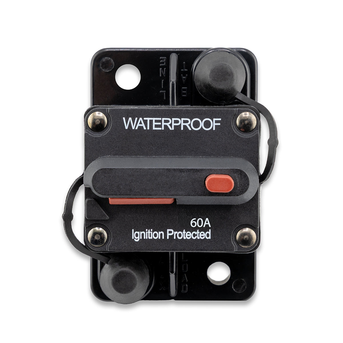 Black circuit breaker with 'Waterproof' and '60A Ignition Protected' text on a white background
