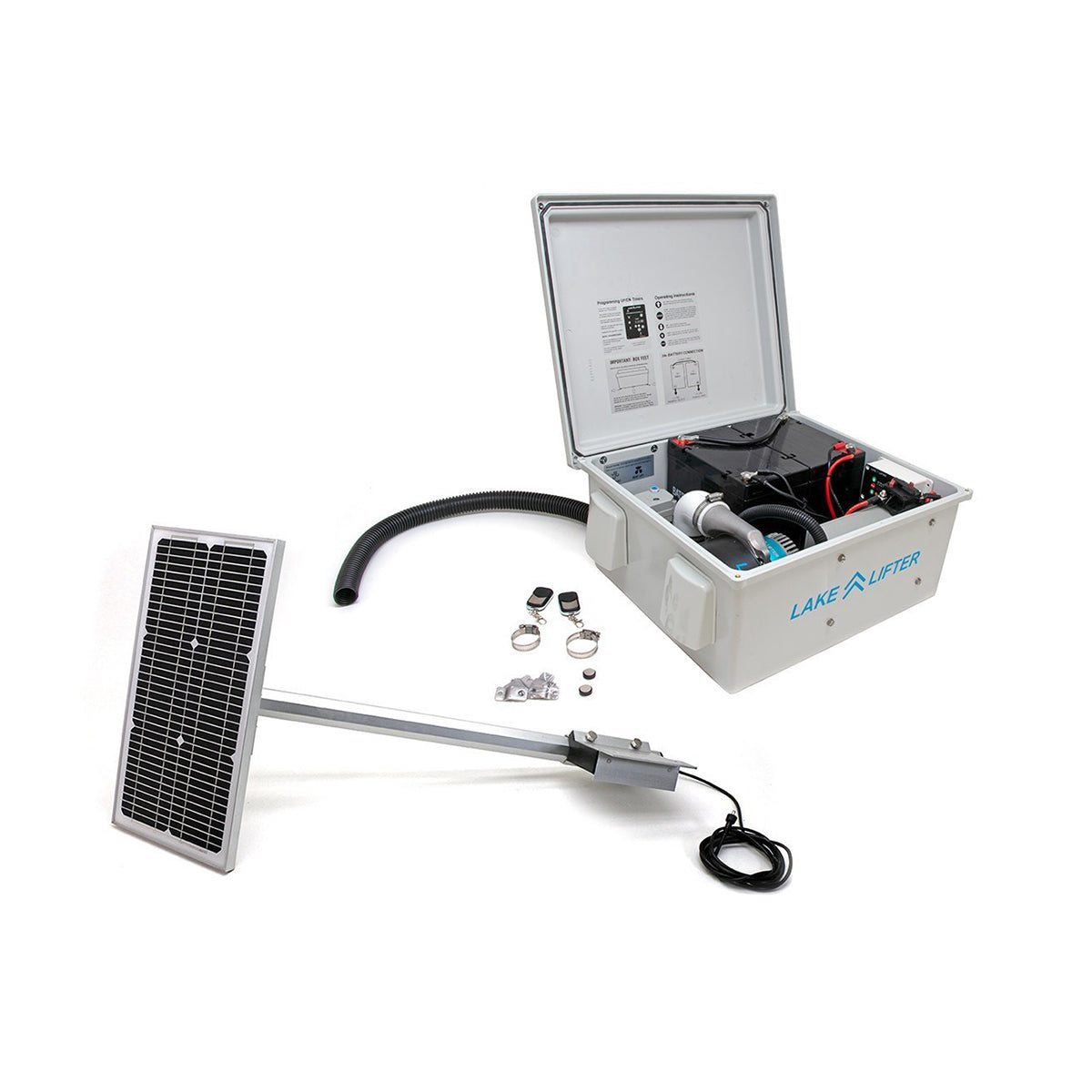 Solar panel and electronic device with 'Lake Lifter' branding on a white background