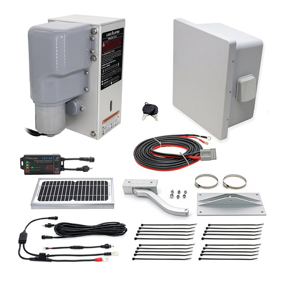 Collection of solar panel, controller, and hardware components on a white background