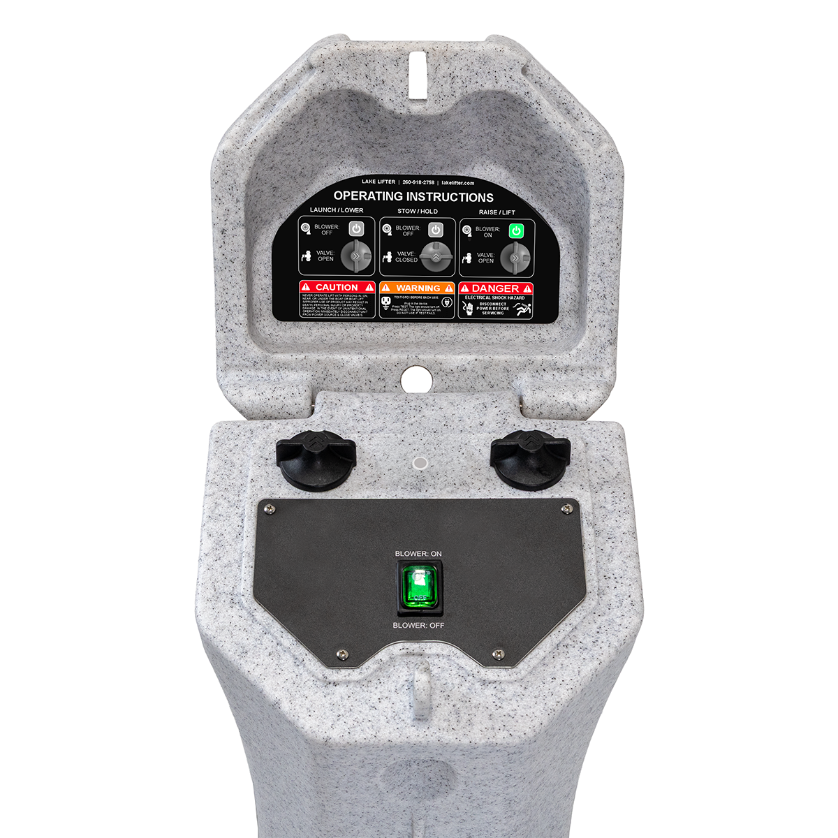 Lake Lifter control station with electronic control panel on a white background