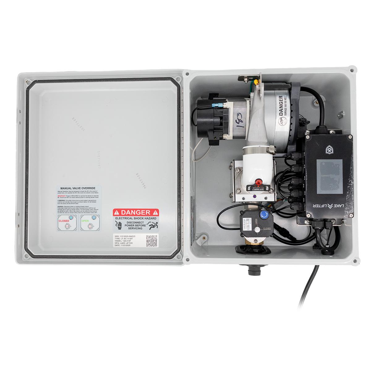 Electrical control panel with various components on a white background