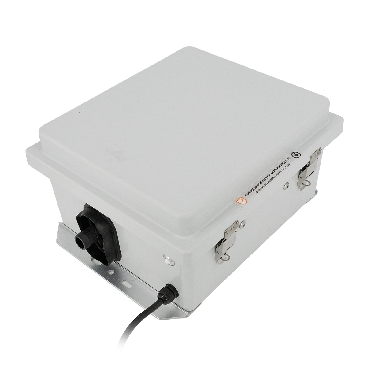 White electronic device with a fan and power cable on a white background