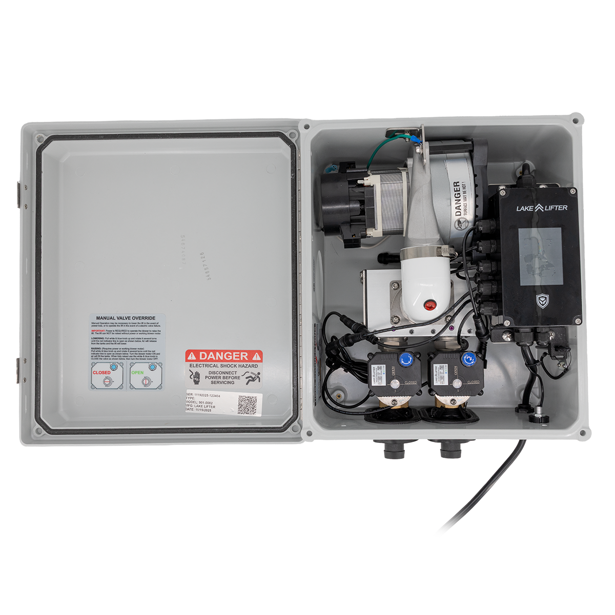 Electrical control panel with components and wiring on a white background